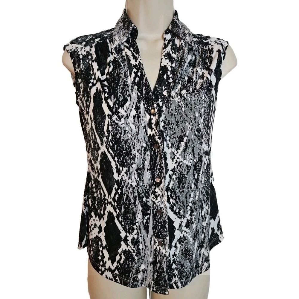 Cache Reptile Print Button Up‎ Sleeveless Collared Top Pearl Buttons Size XS